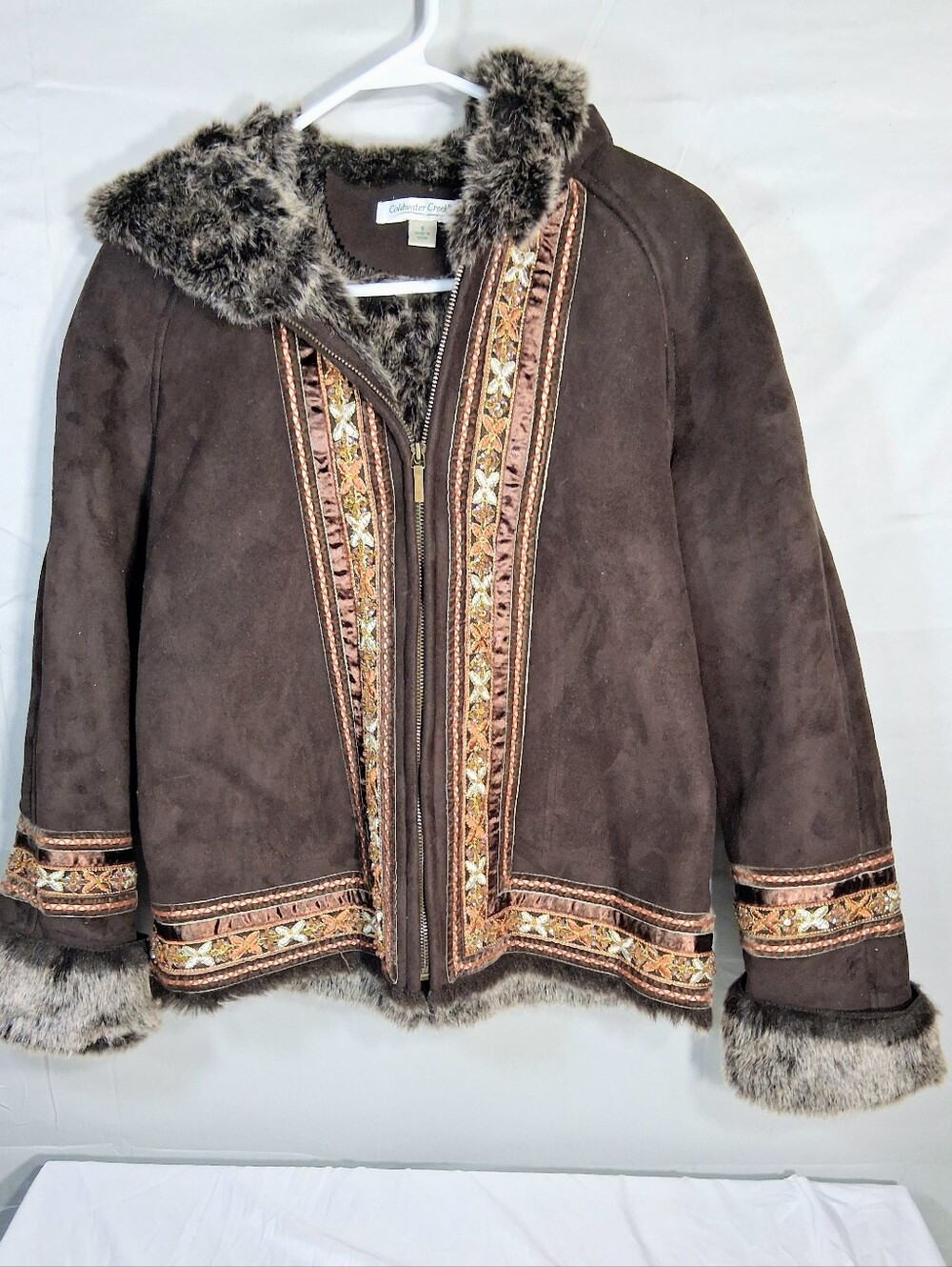 Coldwater Creek Small Vintage Boho Hooded Faux Fur Lined Embroidered Coat/Jacket